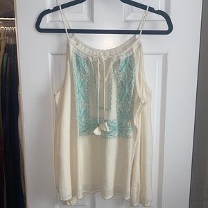 Off-White and blue Charming Charlie Cold Shoulder Flowy top